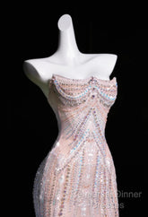 Pink Mermaid Strapless Tulle Diamond Long Semi Formal Prom Dress Sweet Wedding Dress Formal Dress